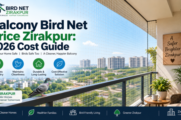 Balcony fitted with a bird net in a modern residential apartment setting, illustrating a 2026 balcony bird net price guide for Zirakpur.